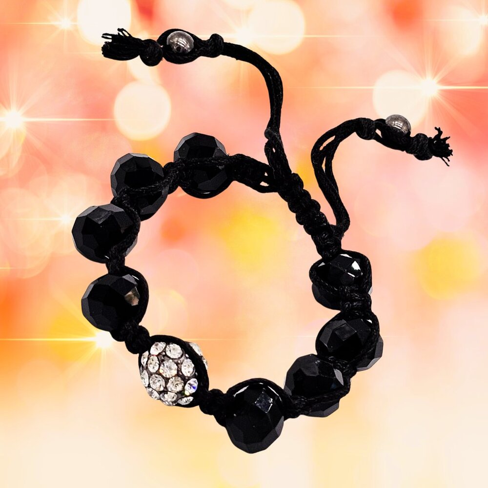Adjustable Shamballa Bead Bracelet – Black Faceted Beads & Crystal Ball